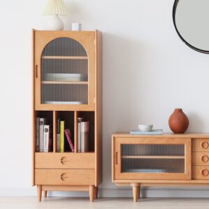 Lemari Kayu Minimalis Modern dengan Pintu Kaca Lengkung & Laci Serbaguna