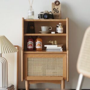 Rak Buku dan Lemari Penyimpanan Minimalis Kayu Jati dengan Anyaman Rotan – Elegan & Multifungsi