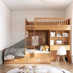 Tempat Tidur Susun Multifungsi Kayu Jati dengan Meja Belajar dan Penyimpanan - Wooderfull