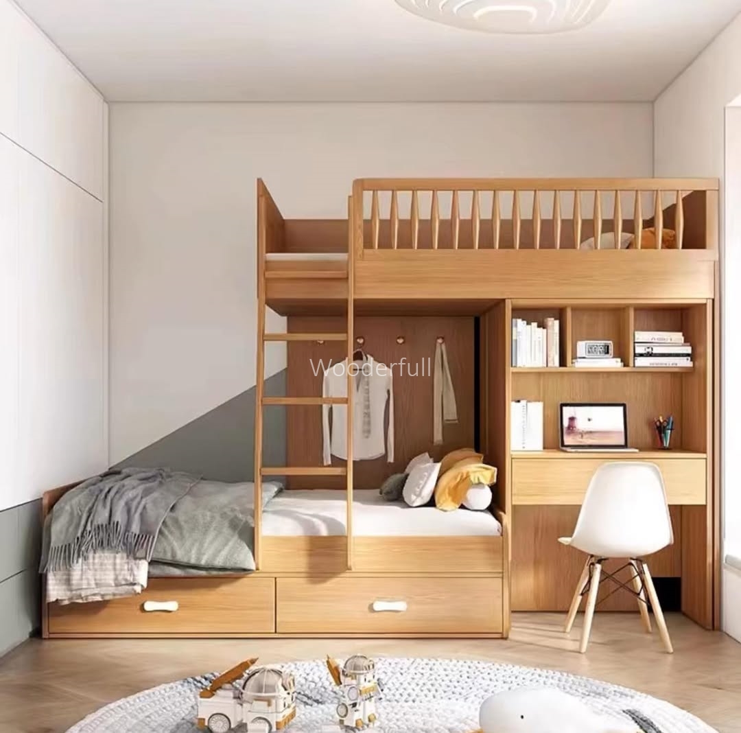 Tempat Tidur Susun Multifungsi Kayu Jati dengan Meja Belajar dan Penyimpanan - Wooderfull