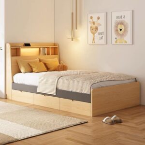 Tempat Tidur Minimalis Kayu dengan Lampu Punggung dan Laci Penyimpanan